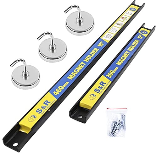 S&R 5er-Set: Magnet Werkzeugleisten mit Magnethaken, Werkzeughalter, Magnetleisten Set, ideal für Werkstatt, Garage, Küche, Garten, Labor, Büro