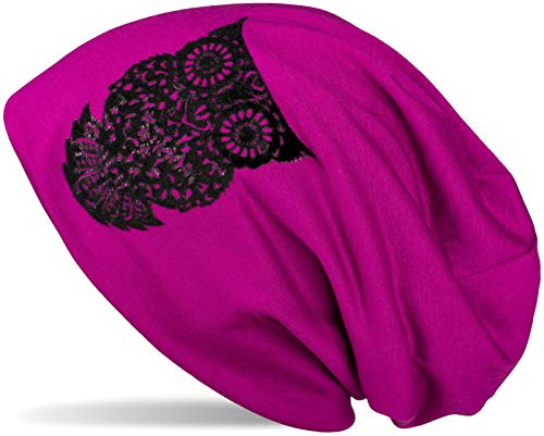 styleBREAKER Damen Stoff Beanie Mütze mit samtigem Eulen Flock-Print, Longbeanie 04024040, Farbe:Violett