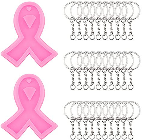 WANDIC Lot de 2 moules à ruban de sensibilisation au cancer du sein avec 30 porte-clés pour la sensibilisation au cancer du sein - Pour loisirs créatifs, colliers, boucles d'oreilles, activités