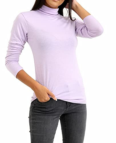 AN Direct Ladies Women Basic Long Sleeve Plain Polo Turtle Neck Ladies Stretch Plus Size Top T Shirt (Lilac), M-L