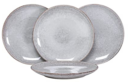 HENXFEN LEAD φ20,4cm Placa de Postre, Conjunto de 4 Platos para Filetes/Verduras/Pasta/Ensalada de Strudel/Patata de Manzana, Adecuado para Horno y Microondas, Porcelana Exquisita, Gris Claro