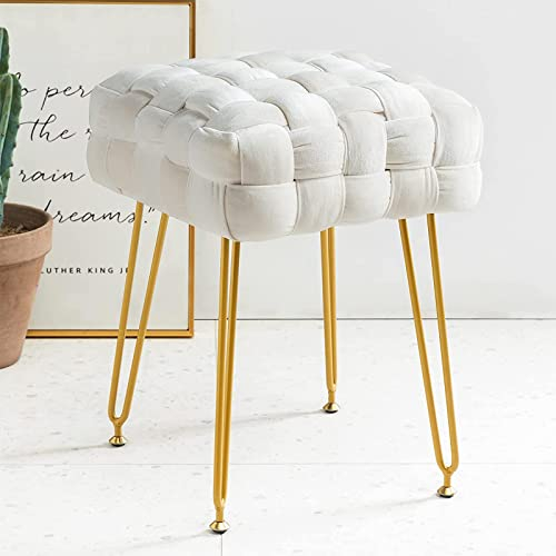 W&X Gewebter Gepolsterter Samt Sitzhocker,Moderne Make-up Stühle Hocker Für Wohnzimmer Schminktisch,Quadrat Sitzpouf Mit Gold Metal Legs-Beige 43x38x38cm(17x15x15inch)