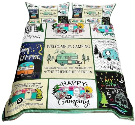 Homewish Camping-Dekor-Bettbezug für Doppelbett, Wohnmobil-Bettwäsche-Set, Patchwork-Stil, Holzhütte, Bettdeckenbezug für Mädchen und Frauen, rustikal, fröhlicher Camping-Steppbezug, Retro, Camping