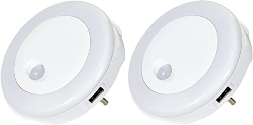 Northpoint LED Nachtlicht für die Steckdose Bewegungsmelder 2x seitlicher USB Ladeanschluss Warmweißes Buntes Licht (2 Stück)