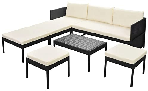 Gecheer 6-teilig Rattan-Gartensofagarnitur Garten-Sofagarnitur Gartensofa-Garnitur Möbel-Set Mit 1 Dreisitzer-Sofa,1 Couchtisch,2 große Ottomanen,2 kleine Ottomanen,3 Rückenkissen und 6 Sitzkissen