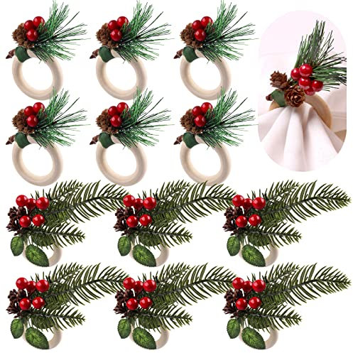 Kalolary 12 Stück Weihnachten Serviettenringe Set Weihnachten Serviettenschnallen Set Rote Beeren Serviettenhalter Tannenzapfen Nadeln Serviettenhalter Holzgeschirr Weihnachtsfeiertage Tischdekoration