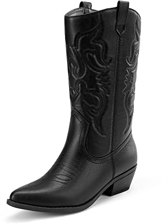 DREAM PAIRS Women's Cowboy Cowgirl Western Mid Calf Boots | 3.5cm elevated heel, round toe, soft lining, 25 cm high shaft delivers stability and support, pull-on tabs