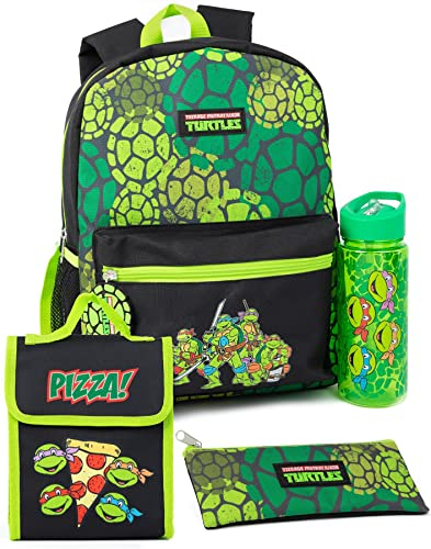 TEENAGE MUTANT NINJA Turtles 4-teiliges Rucksack-Set | Animated Warriors Grüner Rucksack Pizza Lunch Bag Federmäppchen Wasserflasche | TMNT Back to School Bag Geschenke