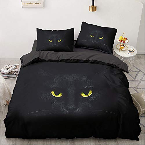 YASMENG Bettwäsche Katze Muster 135x200cm Schwarz Kinder Junge Mädchen Bettwäsche Set Microfaser Bettbezug mit Reißverschluss und 1 Kissenbezug 80 x 80 cm