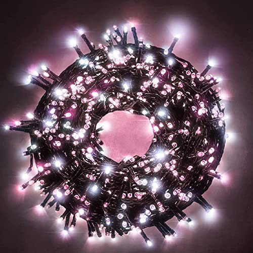 Luccika stringa natalizia con luci a led su cavo verde per uso interno ed esterno controller 31V con 8 giochi di luce e memoria (Rosa + Bianco Ghiaccio, 5 Metri con 100 Led)