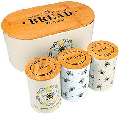Bread Bin and Tea Coffee Sugar Canisters Set – Kitchen Storage Containers with Airtight Lids, Large Beige Bread Bin for Kitchen Counter, Tea Coffee Sugar Storage Jars, Modern Beige Accessories Bees