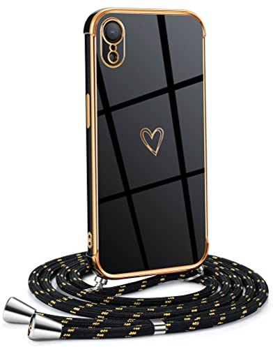Mkej Custodia con Collana per iPhone XR, Cover Donna Cuore amore con Cordino, Case con Laccio Tracolla Elettrolitico TPU Cover con Collana per iPhone XR - oro nero