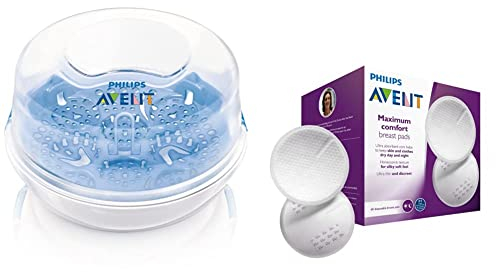 Philips Avent SCF281/02 Stérilisateur Micro-ondes à Vapeur, Elimine 99,9% des bactéries, Stérilise en 2 minutes & SCF254/61 60 coussinets d'allaitement jetables - jour et nuit