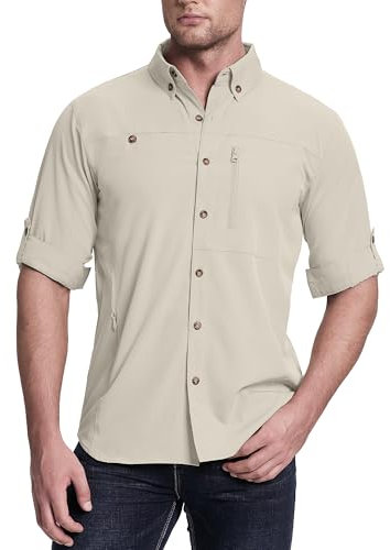 33,000ft Men's Long Sleeve Hiking Shirts Summer UV Protection Breathbale Quick Dry Fishing Shirts Button Down Shirt with Pockets for Safari, Camping Khaki L