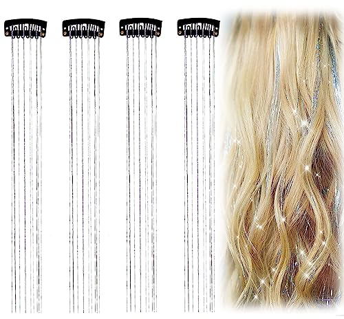 QIUMING 4pcs kette für haare haarketten glitzer haar ketten Quaste Haarspangen Ketten Glitzersträhnen für Haare Haar Lametta Stränge Für Frauen für Weihnachten, Halloween und andere Partys (Silber)