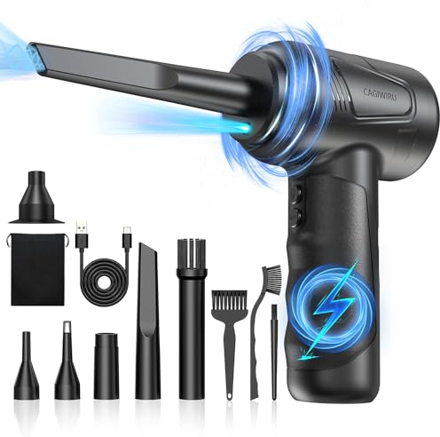 CAGIWIRU Plumero Eléctrico Inalámbrico, Soplador de Aire Comprimido, 3 Velocidades, 5 Boquillas, Luz LED, 68W, 91000 RPM, Multiusos, Portátil, 1 Unid, GG08