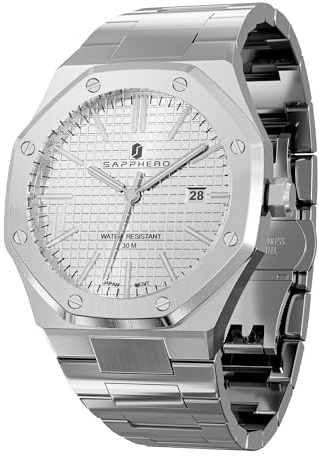 SAPPHERO Uhren Herren Quarzwerk Silber Edelstahl Armband 30M Wasserdicht Datum Kalender Schwarz Blau Herrenuhren Armbanduhr Geschenke für Männer