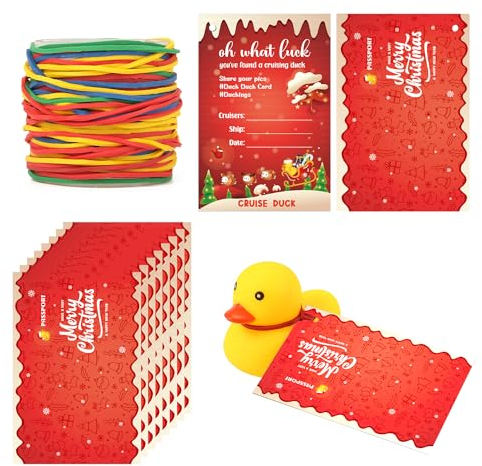 50pcs Duck Tag Kits, 3.5x2.4 Inch Cruise Rubber Ducks Labels with 50 Rubber Bands Duck Cards for Cruise Ducking Hiding for Winter Christmas Carnival Party Birthday Gifts Game Props (Christmas Style)