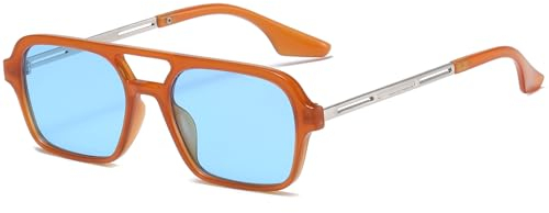 JCTAIFOO Vintage 70s Quadratische flache Piloten-Sonnenbrille für Herren Damen Trendy Retro Rectangle Small Shades Cool Niedliche Mode Brille Orange-Silber/Blau