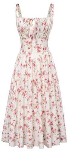 SCARLET DARKNESS Damen Freizeit Maxikleid Elegant mit Schnürung Gesmokt Blumenkleid Weiß-Rosa Blumen XL