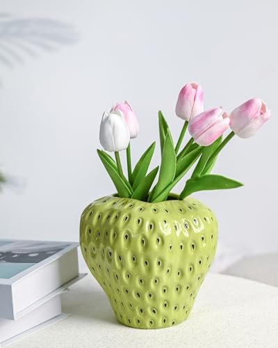 DN Deconation, grüne Erdbeer-Vase, Keramik, für Lego-Blumen, dekorativ, niedlich, cool, für Erdbeer-Partys und Wohnraumdekoration