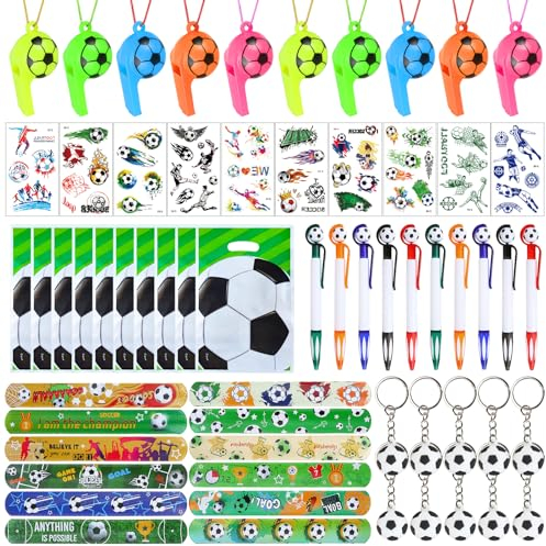Calcio Festa Regalo, 62 Pcs Gadget Calcio Compleanno Bambini, 10 Tatuaggi, 10 Penne a Sfera, 10 Fischietti, 10 Portachiavi, 10 Sacchetti Regalo, 12 Braccialetti Slap, Decorazioni Calcio Compleanno
