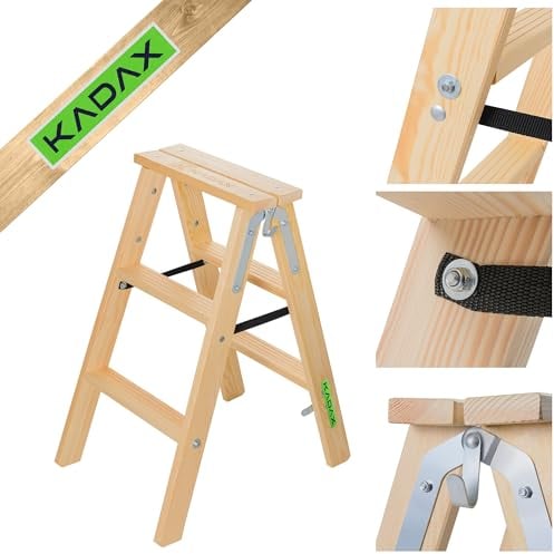 KADAX Klappbare Holzleiter, 3-stufige Malerleiter mit Stahlhaken, Stehleiter für Haushalt und Garten