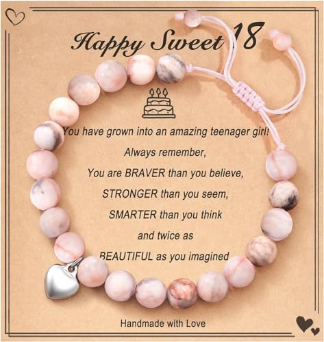 Mezrkuwr Rosa Naturstein-Armband, Geschenk zum 18. Geburtstag, Schmuckkarte, Geburtstagsgeschenke für Mädchen, kreatives Geschenk, Geschenke für beste Freunde