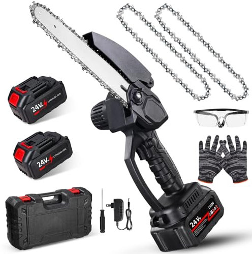 Mini Chainsaw 8 Inch, Cordless Chainsaw Brushless Motor with 2 Batteries 2 Chains, 8m/s Chain Speed Electric Handheld Battery Chainsaw for Garden Courtyard Branch Wood Cutting