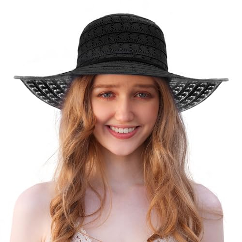 Procity Faltbarer Strohhut Damen Sonnenhut UV Schutz Strandhut mit Breiter Krempe Paris Black