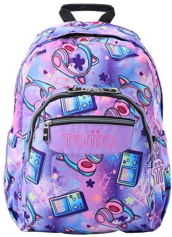 TOTTO - Mochila Escolar Adaptable a Carro, Modelo Acuareles, Capacidad 20 L, Bolsillo para Pc 14, 2 Bolsillo Botella, Espaldar Ergonómico con Flujo de Aire, Cómodas Correas en S, Estampado Meowsical