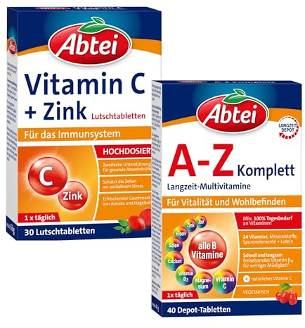 ABTEI Immunsystem Duo – Set mit 1x A-Z Komplett & 1x Abtei Vitamin C + Zink | A-Z Komplett: hochdosierte Multivitamintabletten, 40 St. & Vitamin C + Zink: Lutschtabletten für das Immunsystem, 30 St.