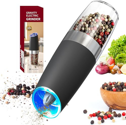 CIRCLE JOY Gravity Electric Pepper Grinder Battery Operated Pepper Mill Electric with White LED Light, Adjustable Coarseness, Washable 135ml Container, Black
