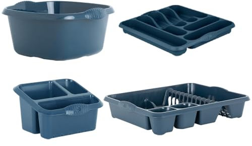 VISHCHIT Combo of 4-32cm Navy High Grade Plastic Square Washing Up Bowl with Large Cutlery Tray, Large Dish Drainer & Large Sink Tidy - Perfect Kitchen Organizer for Home Kitchens and Restaurants