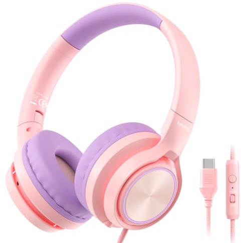 Bywulanda Upgrade USB-C Kid Headphone with Microphone, Safe Volume Limiter 85/94dB, Foldable Over Ear Wired Headphones for Toddlers/Boys/Girls/School/iPad/Laptop/Travel