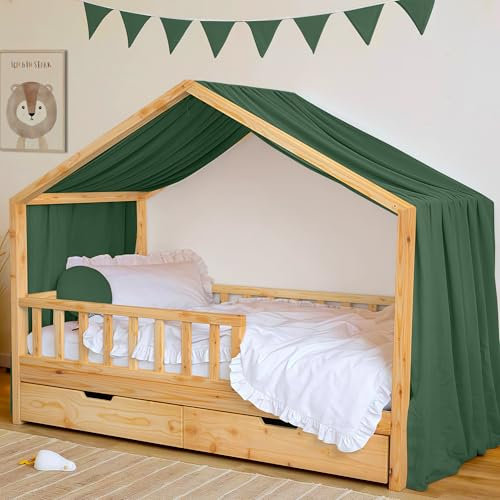Hausbett Himmel Deko Set, Betthimmel Hausbett aus Musselin - 1 Betthimmel & 1 Wimpelkette, für Jungen Mädchen Deko für Kinderzimmer, Baldachin Kinderzimmer Deko I 135 x 360cm Eukalyptus