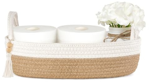 Mkono Toilettenpapierkorb, Boho Badezimmer-Dekor, kleine Aufbewahrung | Braun und weiß, 33cm L × 15cm B, Rückseite des Toilettenkorbs, Dekoratives Gewebetafel mit Griffen, Wohnzimmer Schlafzimmer