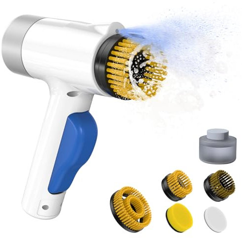 SIMWAL Elektrische Reinigungsbürste Reiniger Sprühen - Power Spin Scrubber mit Allzweckreiniger Spender, IPX7 wasserdichte putzbürste elektrisch mit 5 Reinigungsköpfen für Küche/Bad/Fliesen