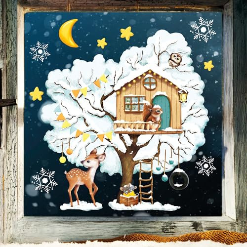 Fensterbild Weihnachten Winter wiederverwendbar Baumhaus mit Tieren Fensterdeko, 1. A4 Bogen