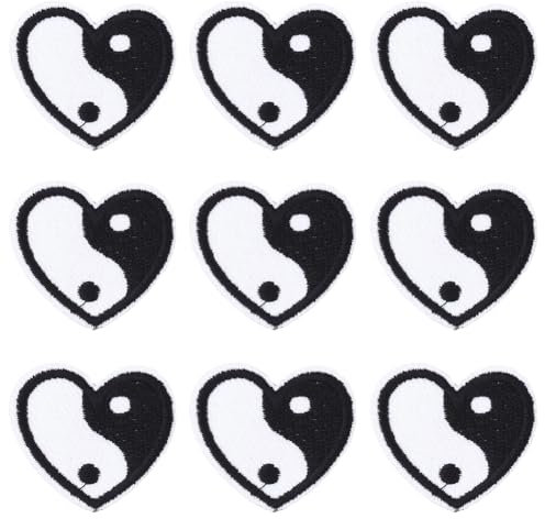 CABODYALS 10 Stück 30 x 34mm Schwarz Weiße Yin Yang Flicken Zum Aufbügeln Mini Herz Aufnäher Tai Bestickte Reparatur Applikation Großpackung Zum Nähen Herstellen von Kleidung Hemden Valentinstag Rucks