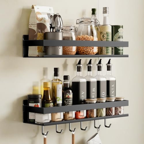 devesanter spice racks wall 2 pack without drilling on kitchen shelf with 6 hooks, hanging hook rail, spice rack on cupboard door, shower shelf for kitchen, bathroom, balcony (black, 40 cm)