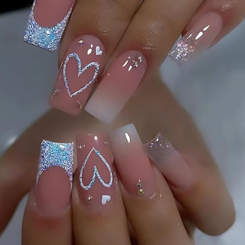 JUSTOTRY 24 Stück Weiß Glitter Nägel Zum Aufkleben Lang,Pink Sarg Press on Nails mit Herz Muster,Glossy Ballarina Kunstnägel Fake Nails Mittel,French Fingernägel Künstliche Nägel für Frauen