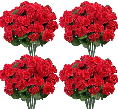 Bassion Artificial Geraniums Flowers for Outdoors Decoration, 4 Pcs, Red