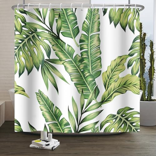 Xiaoterna Tropisch geblümt Duschvorhang Grüne Monstera Blätter Vorhang für das Badezimmer Grünes Blatt Tropischer Vorhang Monstera Blatt Weiß Wasserdicht Schimmelresistenter Duschvorhang 200x180cm
