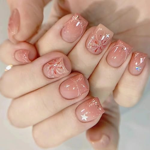 24Pcs Valentine's Day False Nails,Firework Star Pink Valentine's Day Fake Nails Short, Glossy Press on Nails with Glue, Acrylic Nails Full Cover Stick on Nails for Women and Girls