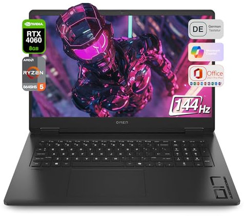 HP Omen 17 Ordinateur portable de jeu, avec AMD Ryzen 5 8645HS, 32 Go de RAM DDR5, SSD PCIe 1 To, écran WUXGA IPS 144 Hz, Nvidia GeForce RTX 4060, clavier QWERTZ RVB, Windows 11 Pro, Office 2021, noir