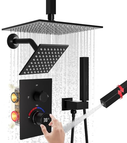 Matte Black Shower System with Digital Display Thermostatic Valve, 10 inch Ceiling & 6 inch Wall Mounted Dual Rainfall Shower Head Faucet Set
