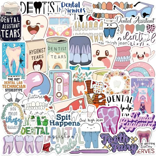 kaensc 50 Pack Funny Dental Cartoon Stickers for Kids Teens, Multicolor Vinyl Stickers, Waterproof, Sun Resistant, Perfect for Laptop, Water Bottle, Skateboard, etc.