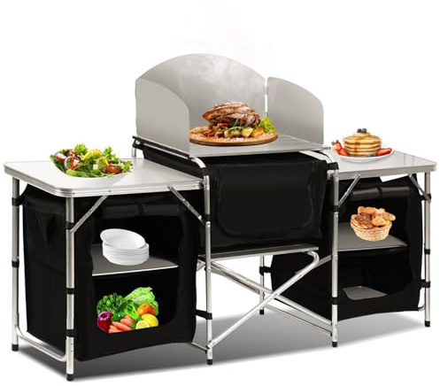 Hebitod Campingkök, campingskåp, hopfällbart skåp, kökslåda med aluminiumbordsskiva, stänkskydd och förvaringsfack, campingskåp, resekök för camping, trädgård, utomhusaktiviteter
