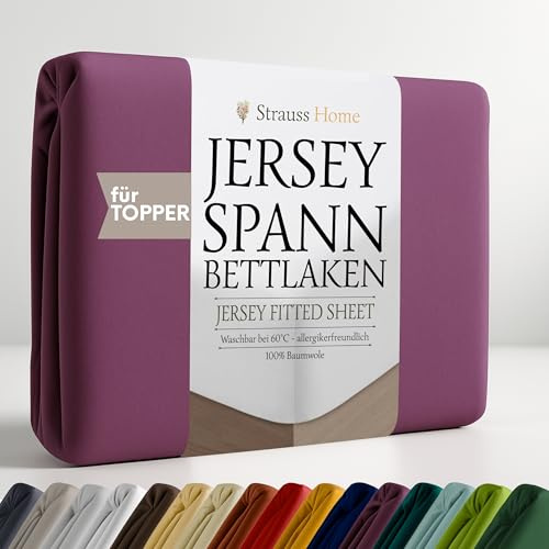 Strauss Home® Jersey Spannbettlaken Spannbetttuch Bettlaken 100% Baumwolle Topper (10cm Höhe) 140x200-160x200cm Pflaume/Lila